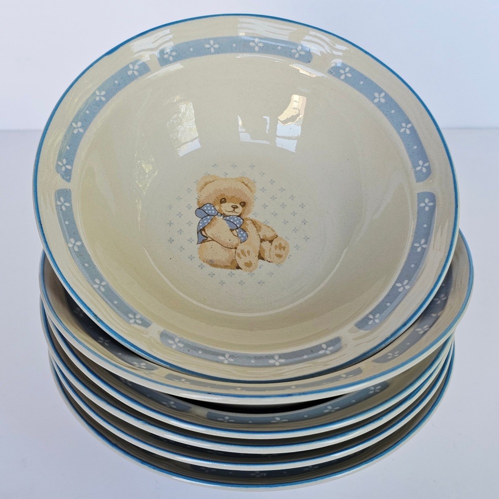 Vintage Tienshan Stoneware Teddy Bear Cereal Bowls Set of 6 Blue Nursery Kitsch - Picture 14 of 15
